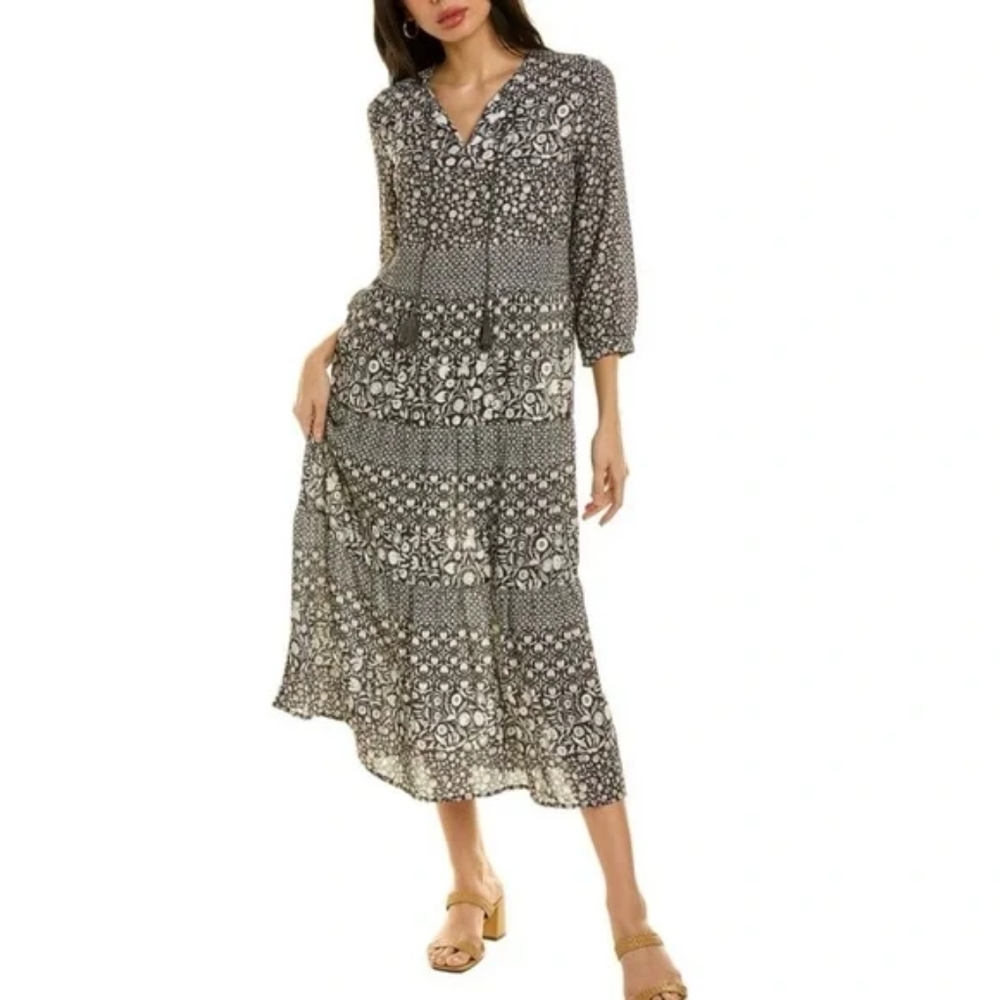 J.McLaughlin Dress Womens M Black White Floral Tired Hortense Cottagecore Boho